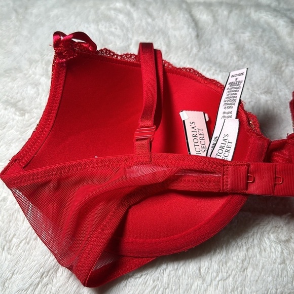 Victoria’s Secret Push Up Lined Demi Lace Bra Red Gold Metallic Size 32 D NEW - Picture 6 of 12